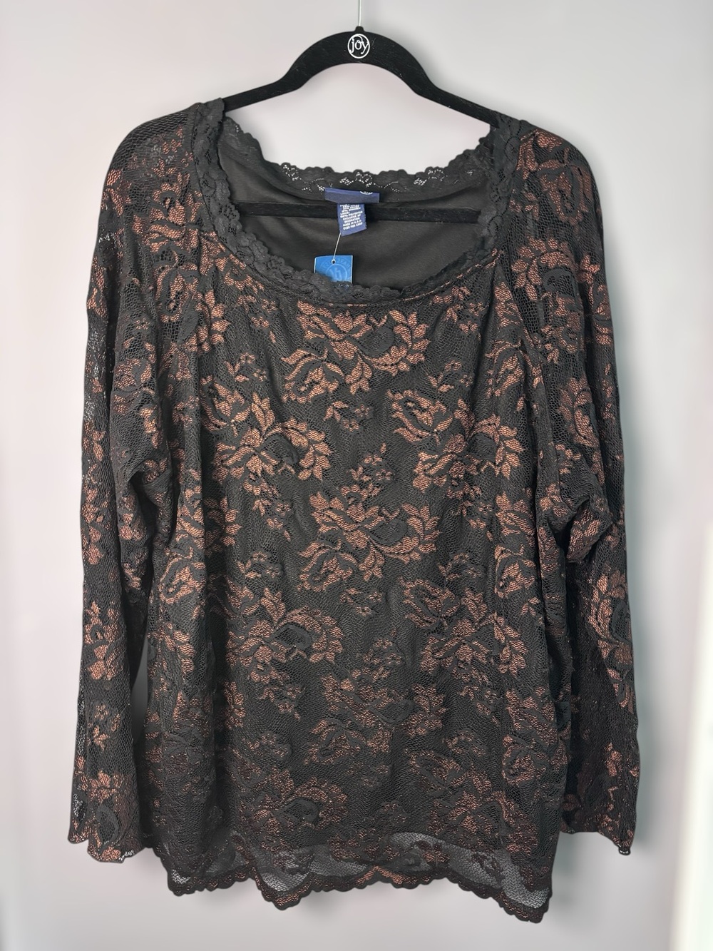 Venezia Jeans Black Copper Lace Square Neck Long Sleeve Blouse 22/24